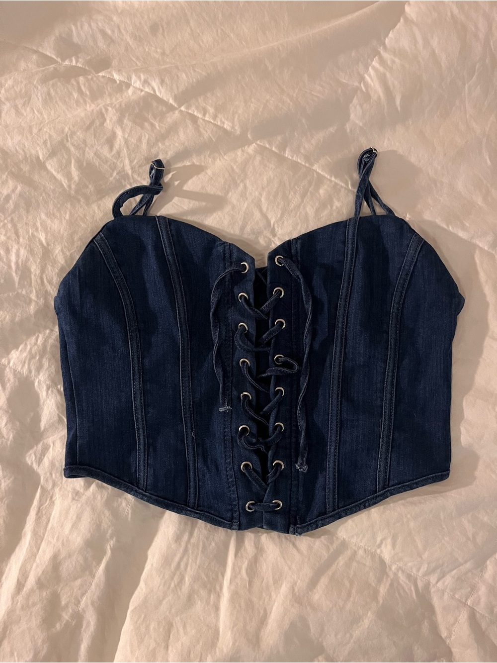 Dark Blue Denim Lace-Up Crop Bustier Top